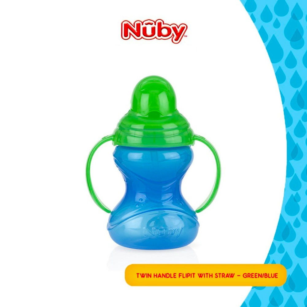 Nuby Twin Handle Flip With Straw Botol Minum Anak 12m+ 300 ml - Pink Green / Blue Green / Red