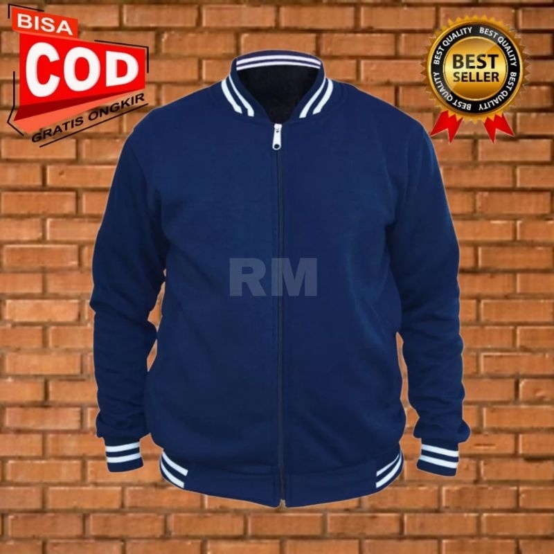 Jaket Baseball Polos Resleting Pria Wanita Bahan Tebal