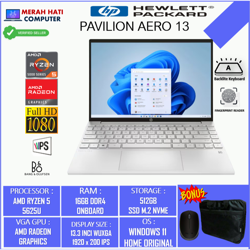 Laptop Terbaru Slim Ringan Tipis HP PAVILION AERO 13 AMD RYZEN 5 5625U 16GB 512GB 13.3&quot; WUXGA IPS BL FP WIN11HOME SILVER