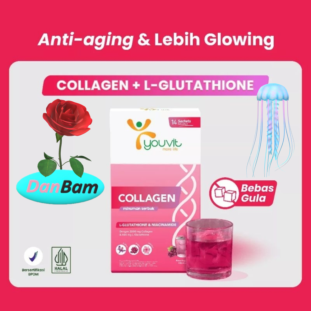 Minuman Serbuk Collagen 14 Sachet 1 Box | Youvit Collagen Drink dengan L-Glutathione &amp; Niacinamide untuk Anti Aging