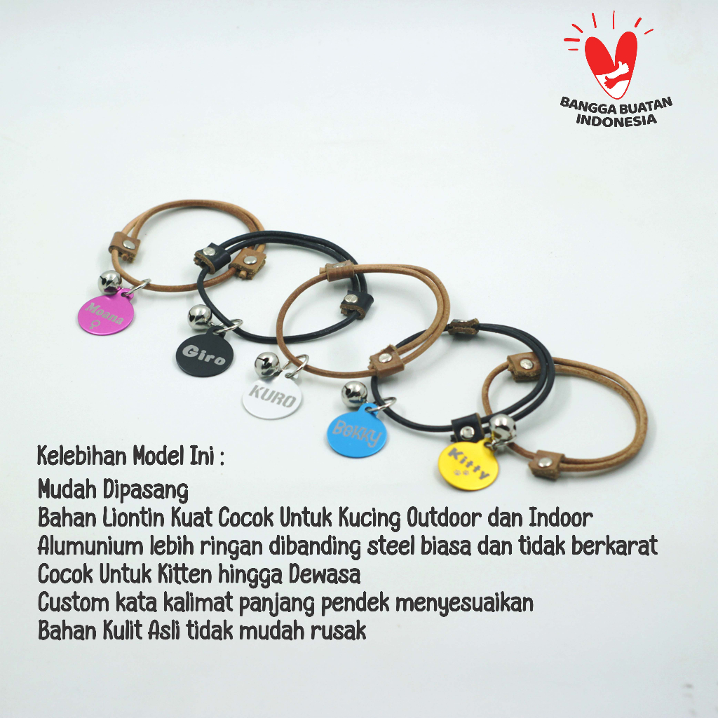 KALUNG KUCING NAMA CUSTOM MODEL TALI KULIT  ASLI PINTAL LIONTIN LOGAM PREMIUM