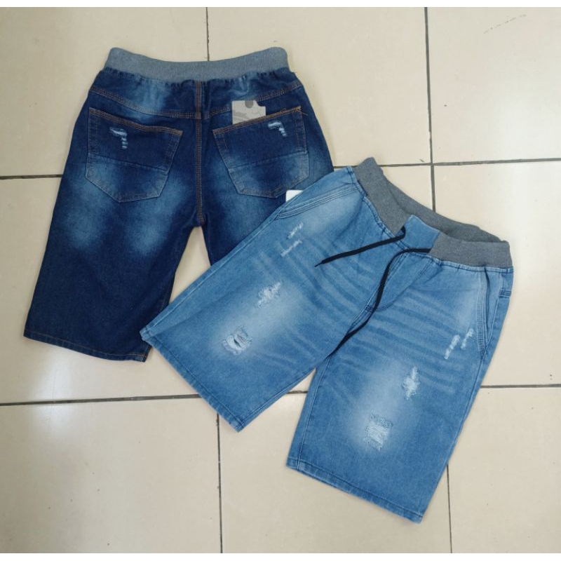 100rb 2 pcs Celana Pendek Jeans Pinggang Karet Tali Serut Sobek Tembus