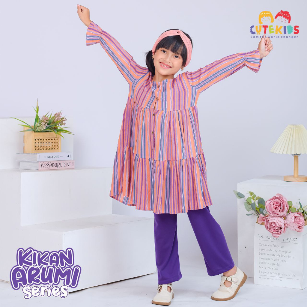 Nauree - Setelan Tunik Kkan Arumi Baju Anak Perempuan Bahan Katun Rayon Printing Full Kancing Hidup Crickle Airflow Premium Import Korea Ukuran S M L XL Warna Ungu Pink Hijau Coklat Motif Lucu Warna Warni Coral Magenta Tosca Setcel Terbaru Kekinian