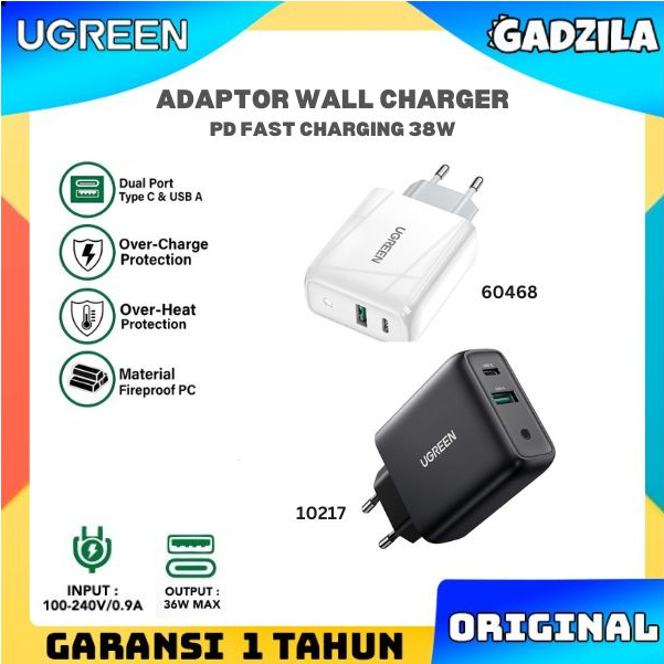 UGREEN Wall Adaptor Kepala Charger Dual Port USB C + USB PD Fast Charging 36W Iphone 13 Pro max For Samsung Oppo Vivo CD170