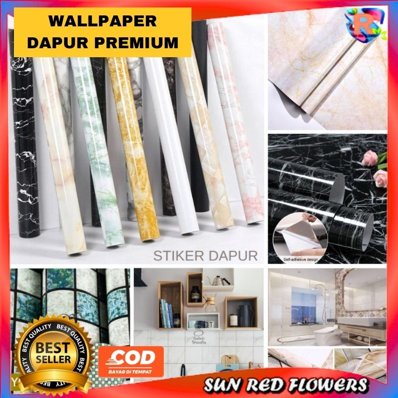 Wallpaper Sticker Dapur Marmer Glossy Putih Cream Pink 60cm x 4m Wallpaper Sticker Dinding Meja Lema