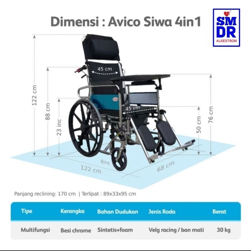 kursi roda selonjor tiduran 4in1 siwa avico stainless bab