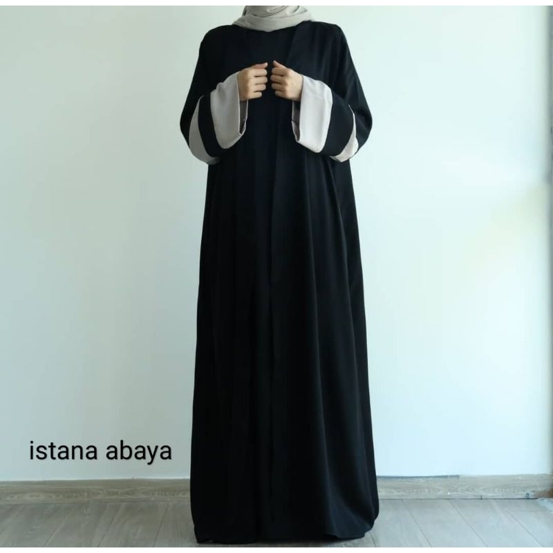 Abaya Simple Aplikasi Turky black grey di tgn cantik minimalis bgt dan mewah(busui friendly resletingnya depan ka) lebar bawah umbrella 2,5mtr