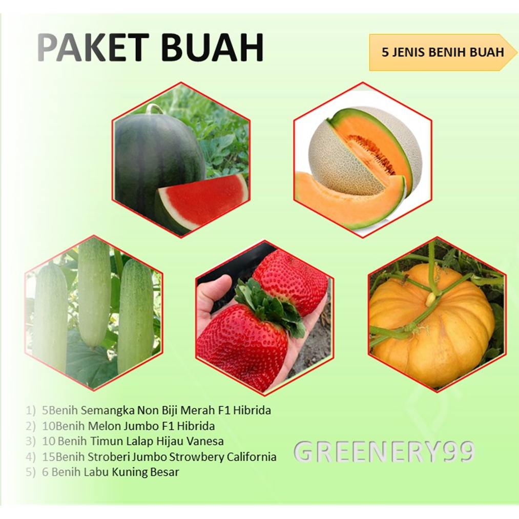 jual benih tanaman buah bibit semangka melon strawberry timun waluh labu (paket 5 jenis buah)