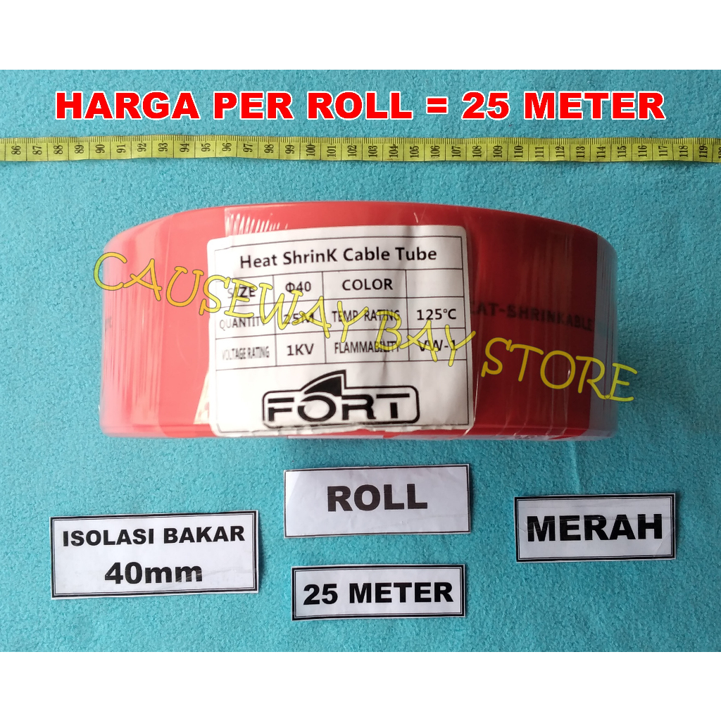 ISOLASI BAKAR (HEATSHRINK) 40MM MERAH 1 ROLL