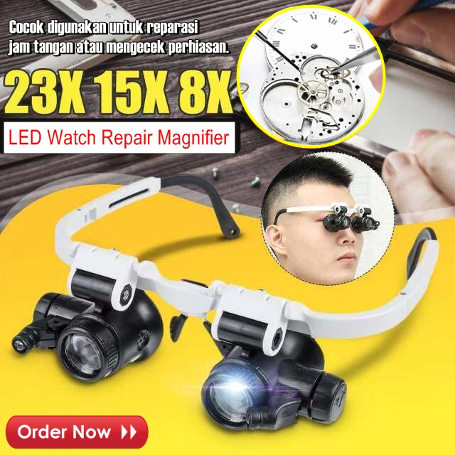 Kacamata Pembesar 23x Zoom Magnifier 2 LED Reparasi Service Jam Kacamata Pembesar Service Jam Tangan