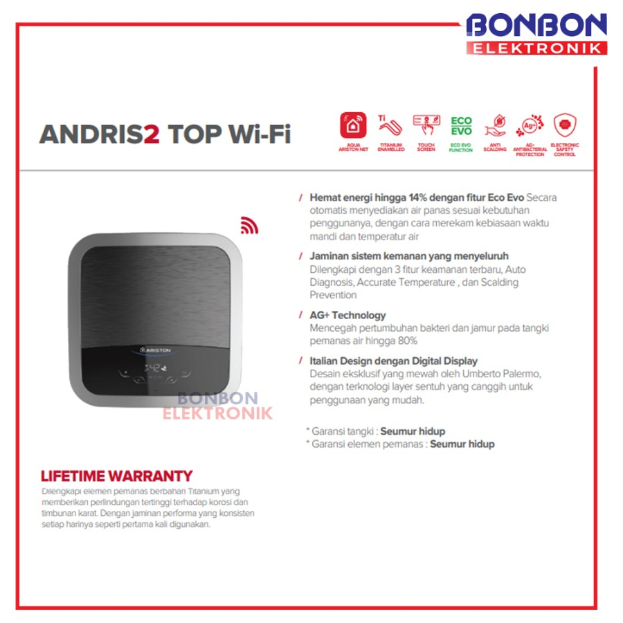 Ariston Water Heater 15 Liter Andris2 TOP WIFI 350 Watt / AN2 TOP 15L