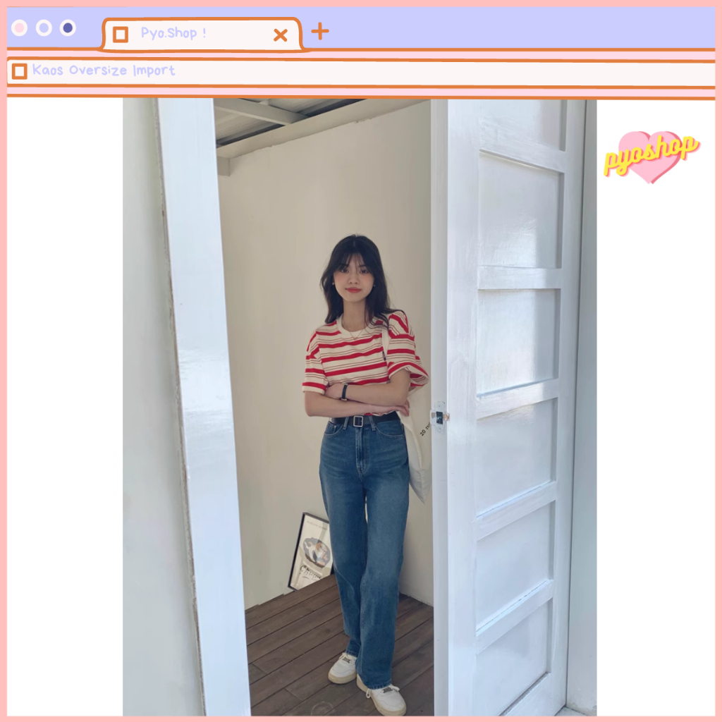 Kaos Stripe Oversized Import Wanita Bordir Korean