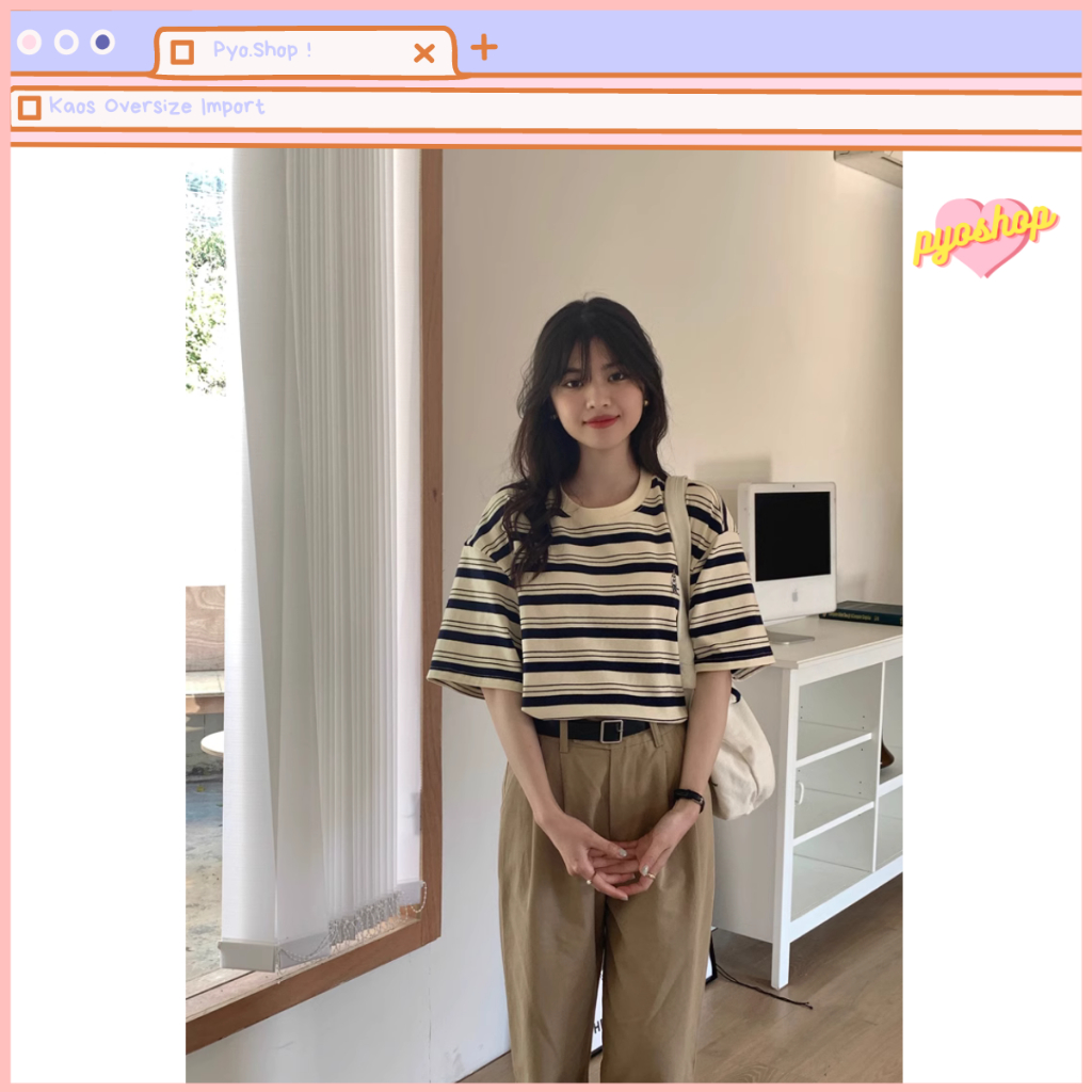 Kaos Stripe Oversized Import Wanita Bordir Korean