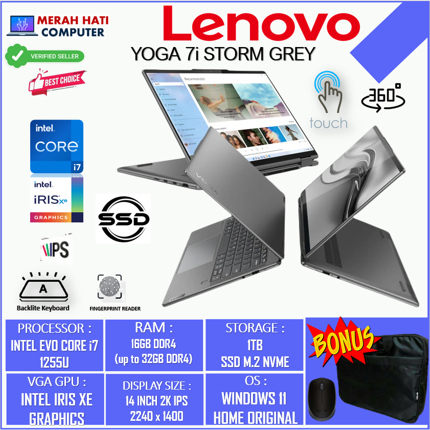 LAPTOP 2IN1 LENOVO YOGA 7I 14 2IN1 INTEL I7 1255U 16GB 1TB SSD IRIS XE 14 INCH 2.2K IPS TOUCH BL FP WIN11HOME STORM GREY ORIGINAL TERLARIS