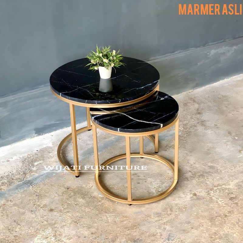 Meja Tamu Marmer Asli Hitam Coffe Table Marmer Bulat