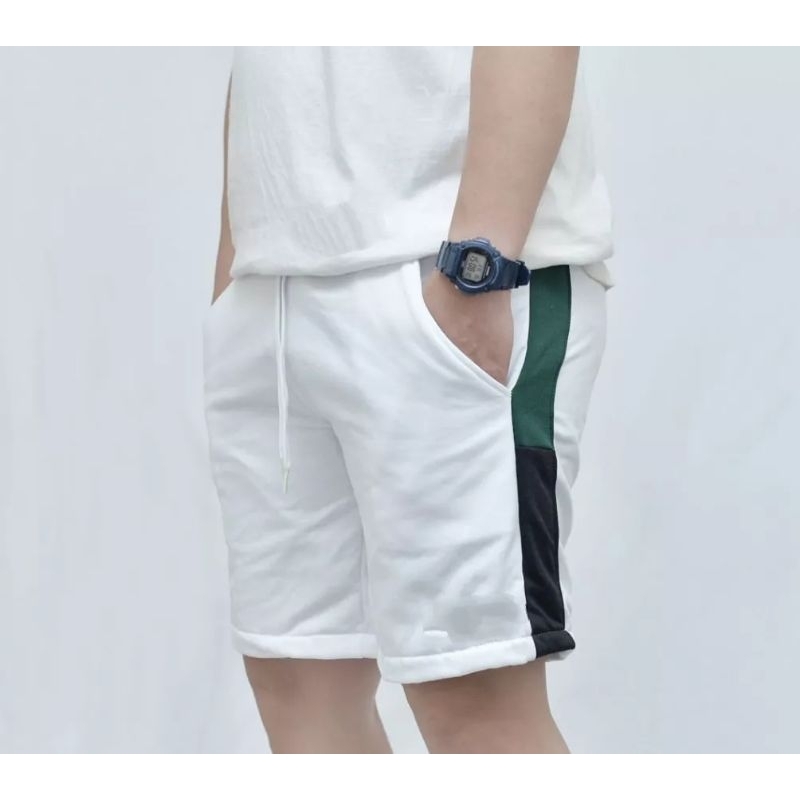 celana pendek flece putih kombinasi polos