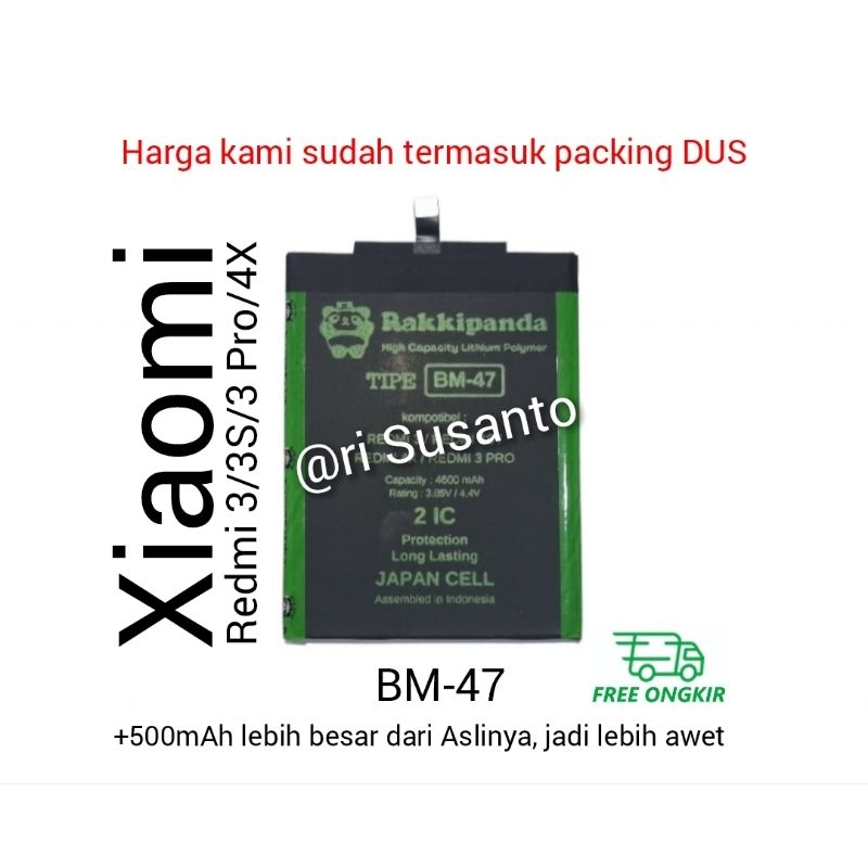 Baterai Rakkipanda BM47 BM-47 for Xiaomi Redmi 3/3S/3X/3 Pro/4X Double Power 4600mAh batere batre ba