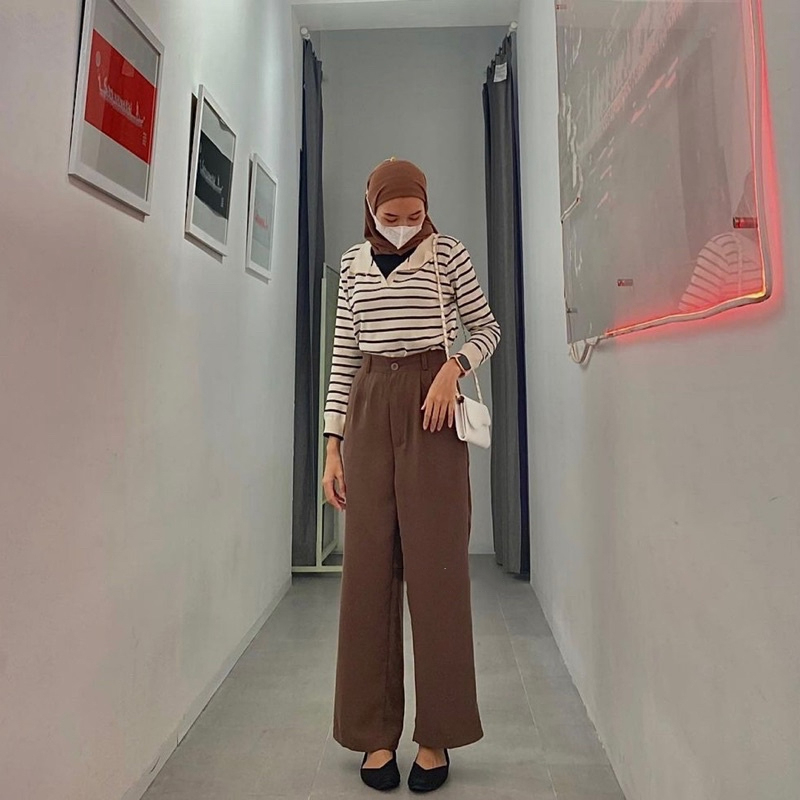 Celana Kulot Wanita Highwaist Polyester Loose Pants Saku Kanan Kiri Penutup Resleting Cp08pa