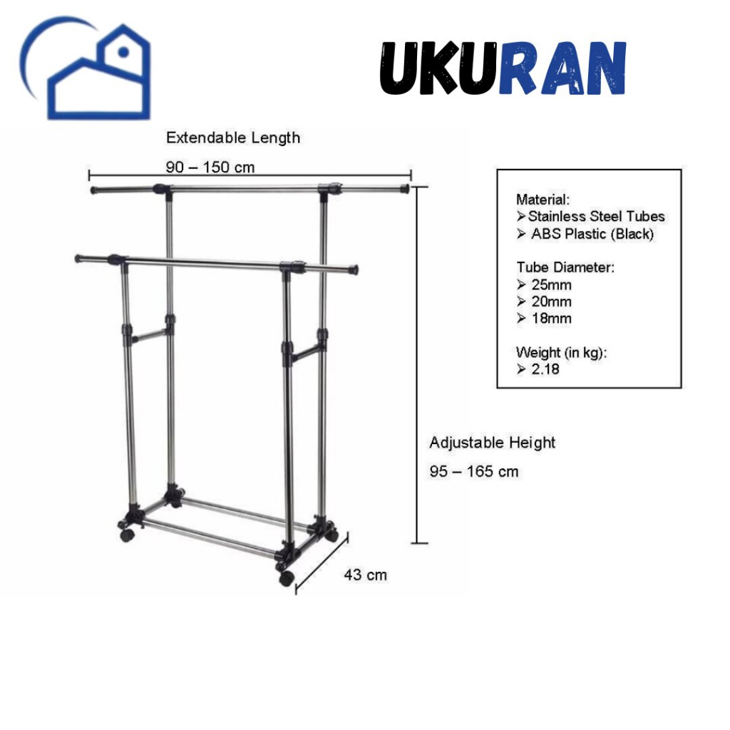 DOUBLE Rod Rack dan SINGLE Rod Rack Rak Baju Serbaguna Gantungan Laundry Stand Hanger 4 Roda Stand Hanger Single Stand