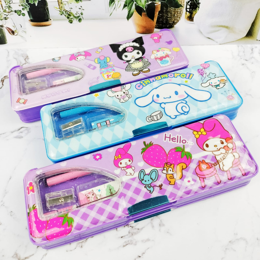 Kotak Pensil Magnet SANRIO Spesial Edition / Tempat Pensil Sanrio CUTE 2 Sekat ada kerikan nya ready 3 Variant Pink Biru Ungu Kualitas Terbaik bisa Grosir dan COD