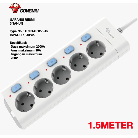 Stop Kontak Gongniu 5 Lubang GNID-G3050 5 Tombol On/Off ( Multi Switch ) 1.5M/3M/5M