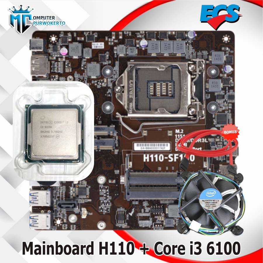 Motherboard H110 ECS dan Processor Core i3 6100 Bonus Fan