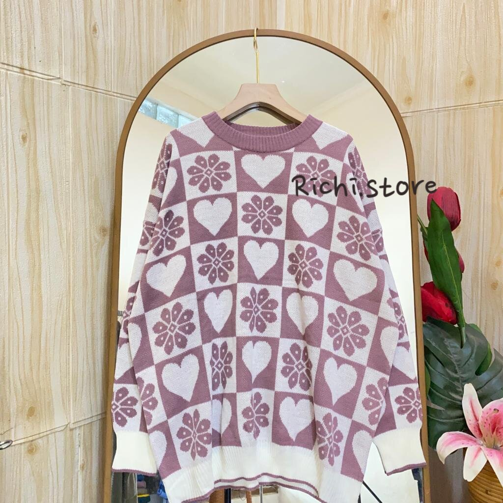 Gisela oversize sweater rajut wanita korean style motif love flower