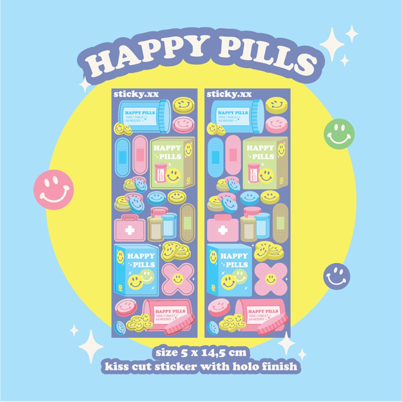 

[READY STOCK] happy pills stickers by sticky.xx | STICKER HOLOGRAM DEKORASI POLAROID LIGHSTICK DIARY MURAH