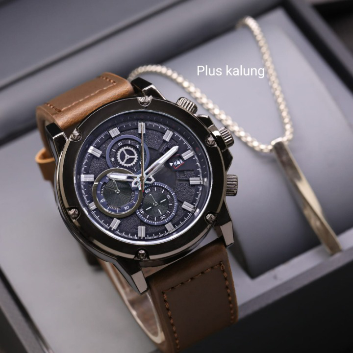 JAM TANGAN RPIA FASHION LS - 024 TALI KULIT FREE KALUNG CHRONO VARIASI TANGGAL AKTIF