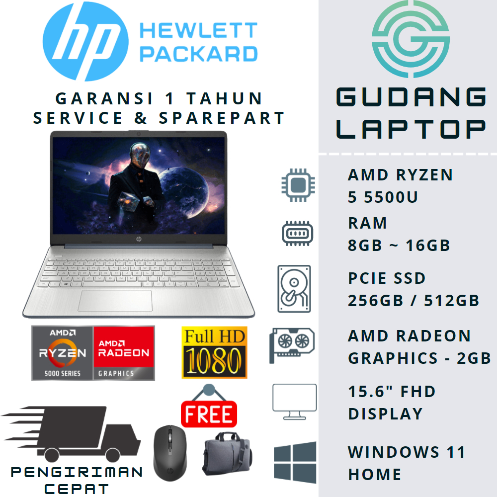 LAPTOP GAMING HP PAVILION 15 AMD RYZEN 7 5700U RAM 16GB SSD 512GB RADEON FHD WIN 11