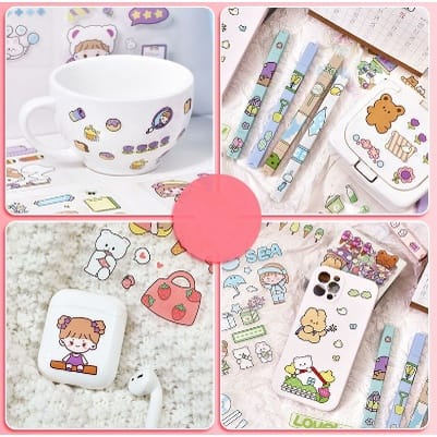 BELLASHOPJKT Stiker 100 lembar Stiker kartun korea Stiker waterproof Stiker momo 100 lembar