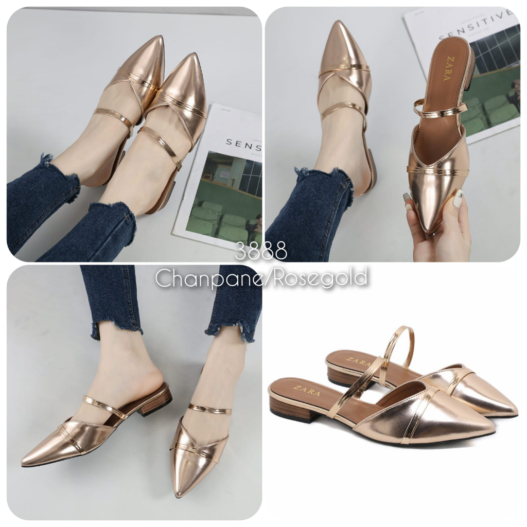 Sandal wanita mules lancip kulit glossy import kode 3888
