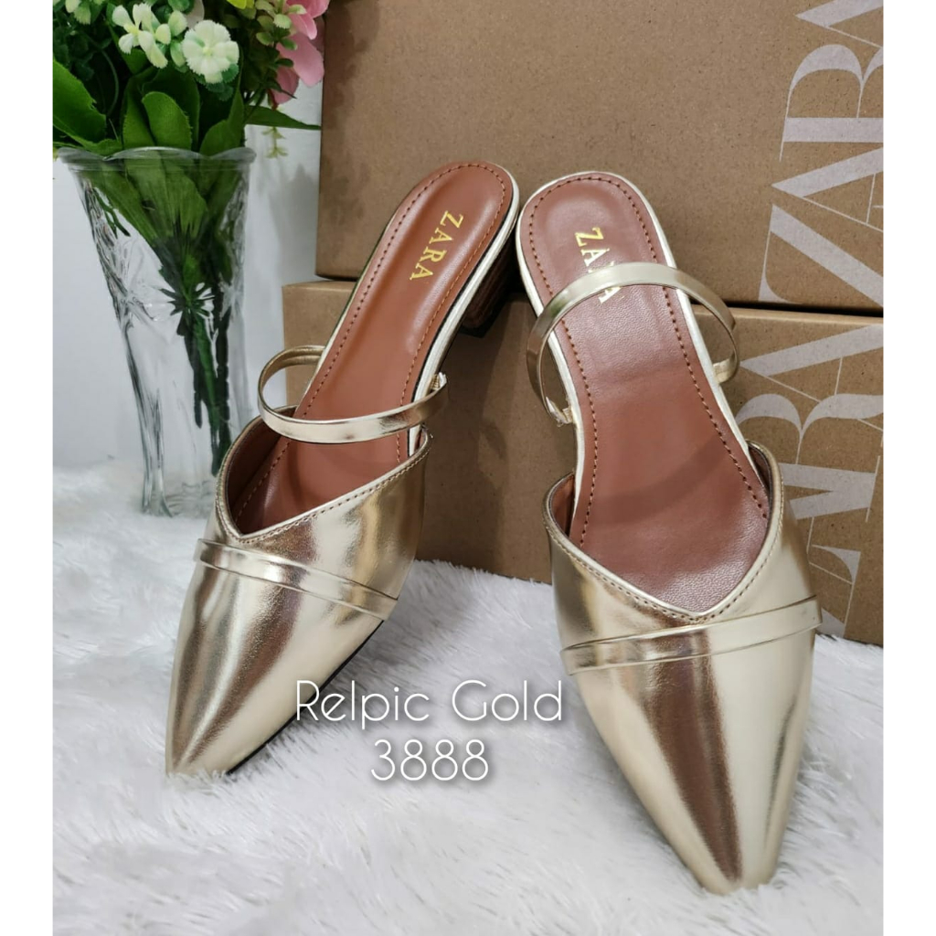 Sandal wanita mules lancip kulit glossy import kode 3888