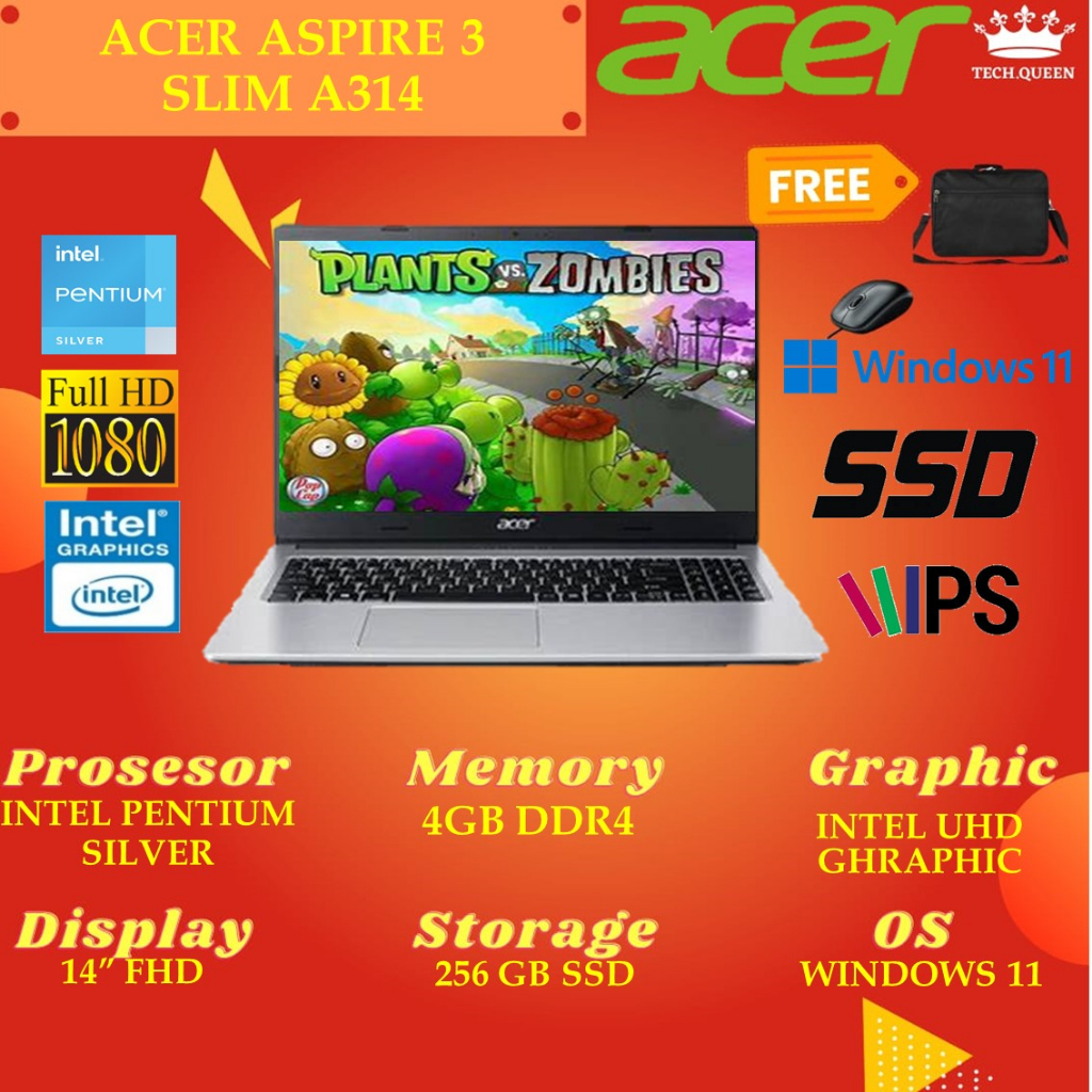 ACER ASPIRE 3 SLIM A314 - PENTIUM SILVER N6000 4GB 256SSD WINDOWS 11+OHS 14.0 INCHI SLV