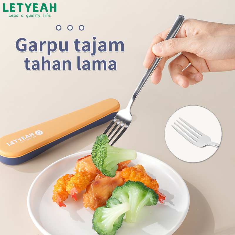 LetYeah 3Pcs Sendok Set Alat Makan stainless Sendok Garpu Set Portable Dengan Kotak Berbahan