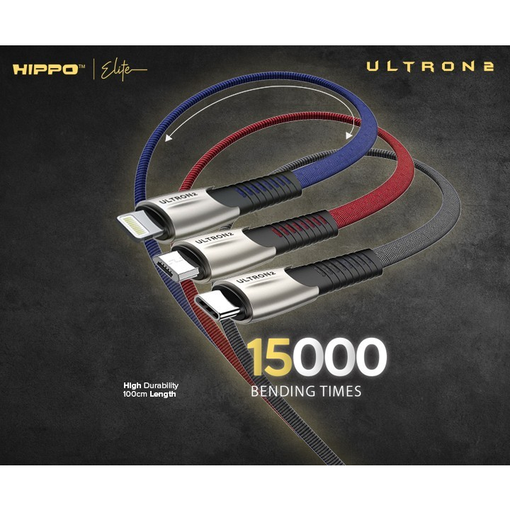 Hippo Elite Ultron 2 Micro Type C Lightning USB Port Cable 100cm 3A