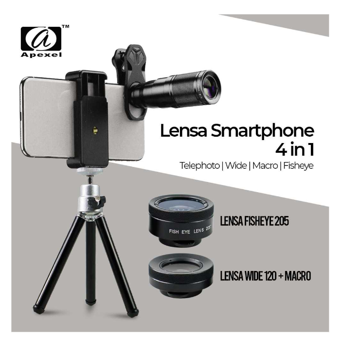 4 in 1 Lensa Smartphone Telephoto Wide Macro Fisheye Port Tripod Mini Universal Handphone Perlengkapan Foto