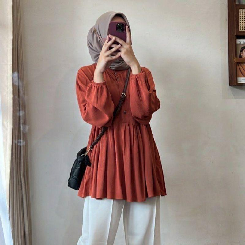 Atasan Wanita Shelvia Blouse Bahan  Krinkle Airflow Lengan Panjang Oversize