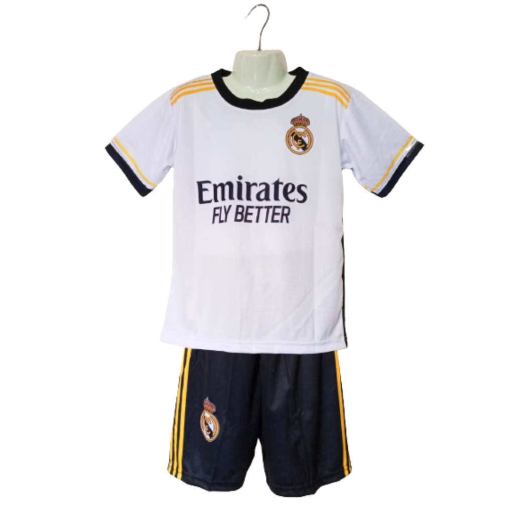 Kaos sepak bola anak jersey soccer club baju dan celana setelan t-shirt outfit jersy futsal seragam klub kostum olahraga pakaian apparel multi jersi sports real madrid benzema navy