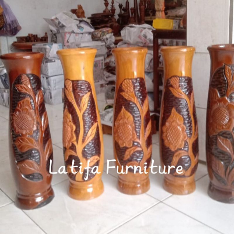 Vas Pot lantai ukir 3D dari kayu jati