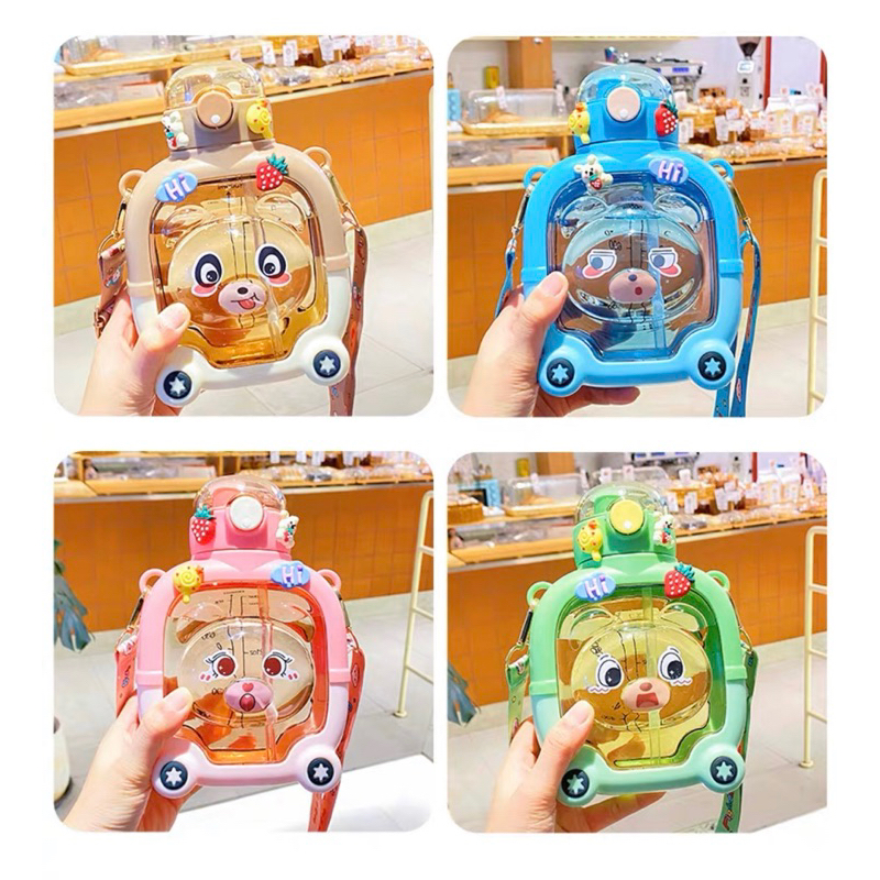 Botol Minum Anak Persegi Karakter Emoji -  Botol Minum Plastik Tebel Warna Lucu Sedotan Dan Tali Gantung Bermotif - Tempat Minum Sekolah Holiday Free Stiker 2D&amp;3D