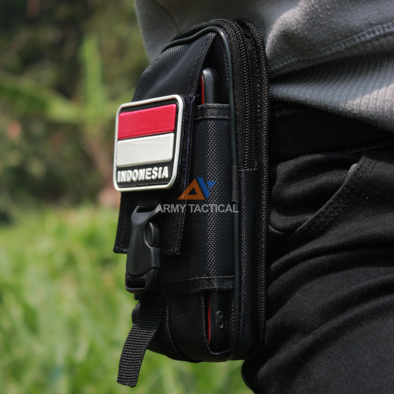Sarung Tempat Hp Pinggang Pria Free Logo Perekat Tas Dompet Handpone Pinggang Doble Slot Pouch Sarung hp Cowok Kanvas