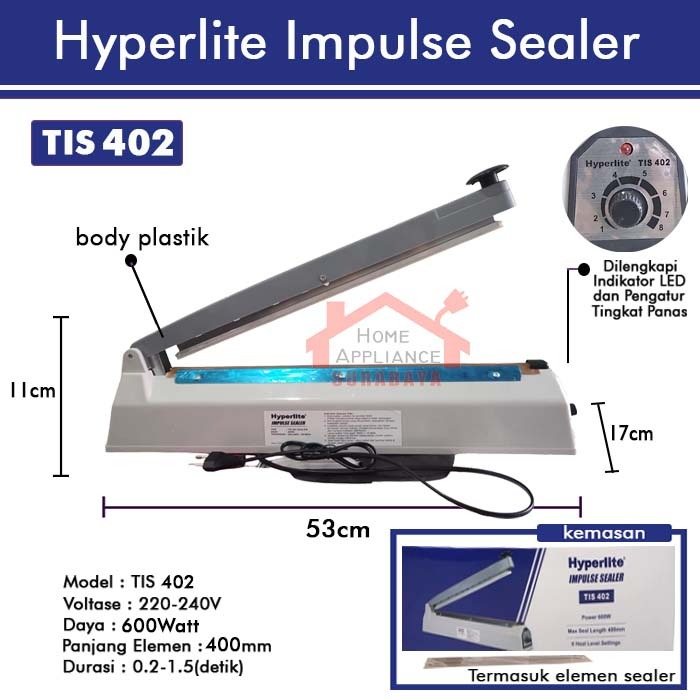 Alat Mesin Press Perekat Plastik Impulse Sealer 40 CM Arashi AIS 400 / HYPERLITE TIS-402