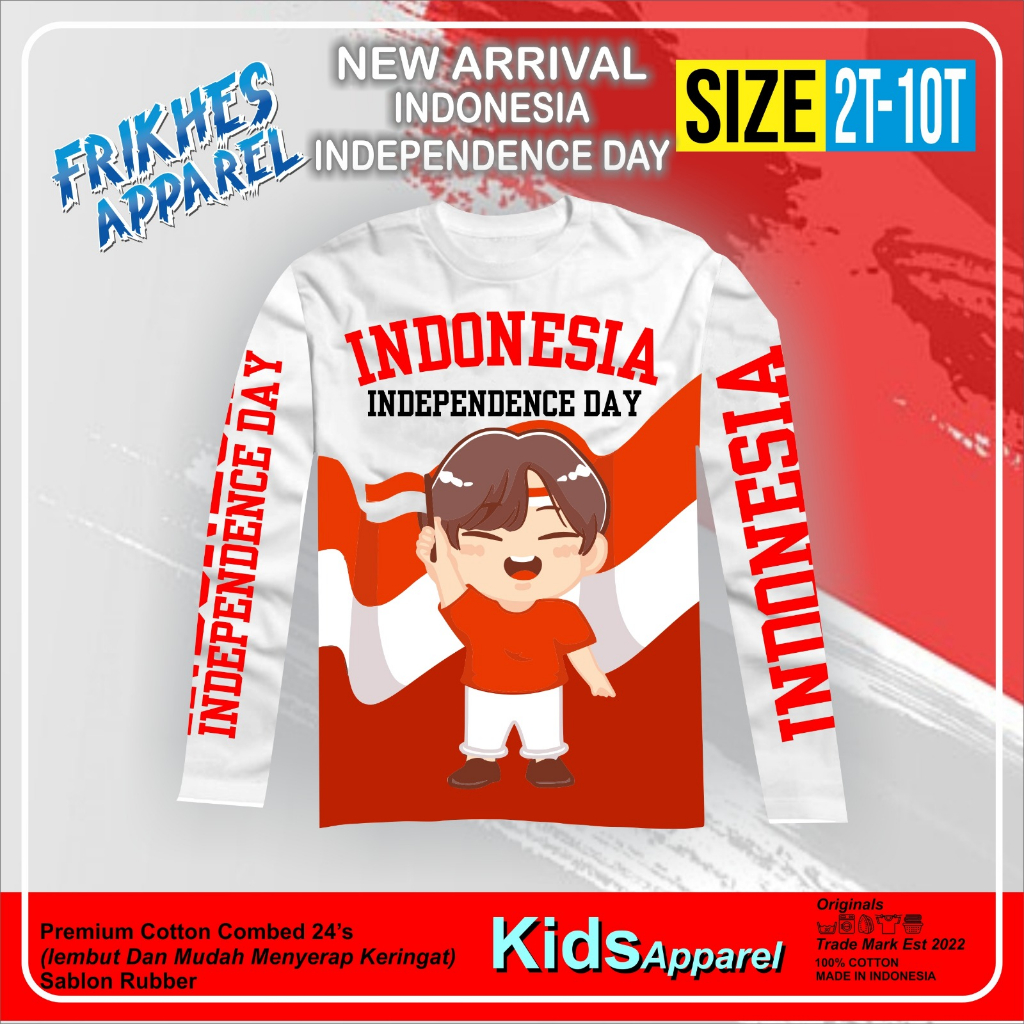 AfsheenaStore Kaos Independence day/kaos kemerdekaan tangan panjang 2-10 Tahun