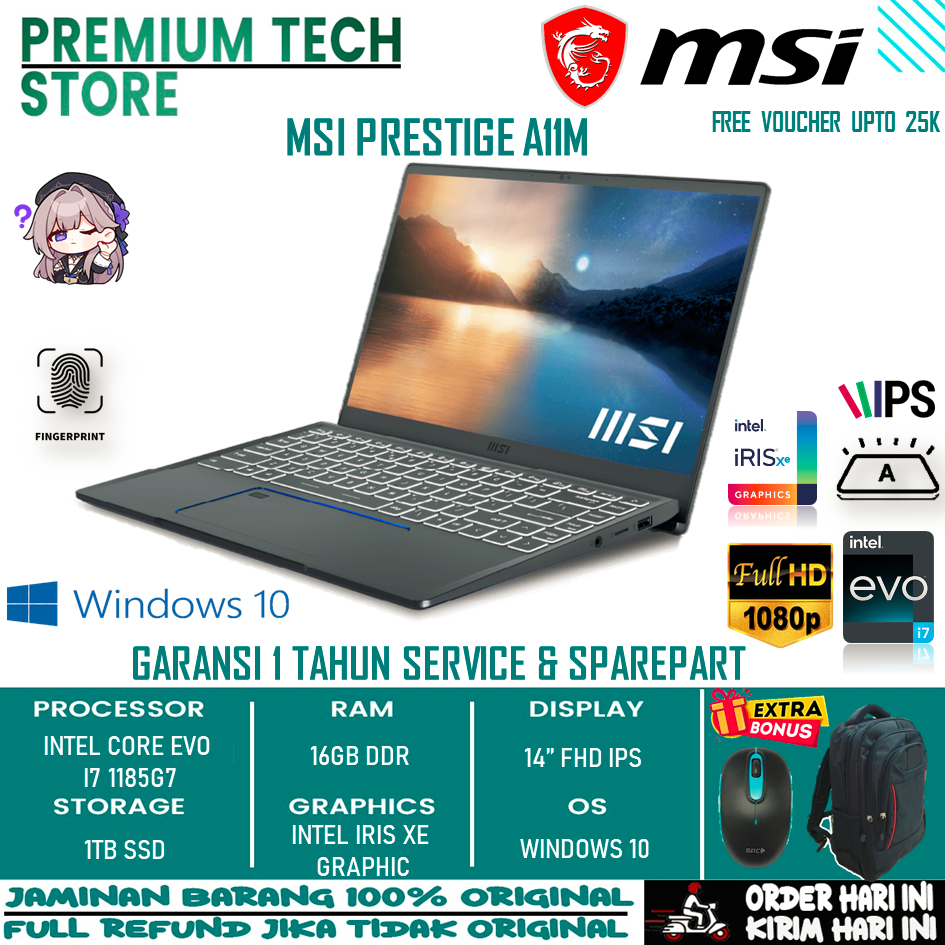 Laptop Enteng Msi Prestige 14 A11M Intel Evo I7 1185G7 Ram 16Gb 1Tb Ssd Iris Xe Fhd Ips Bl Windows 10 Home Original