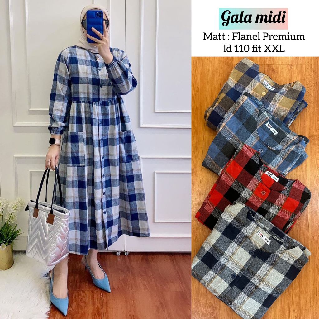 GALA MIDI KOTAK BAHAN FLANEL / MIDI DRESS LENGAN PANJANG KOTAK FLANEL