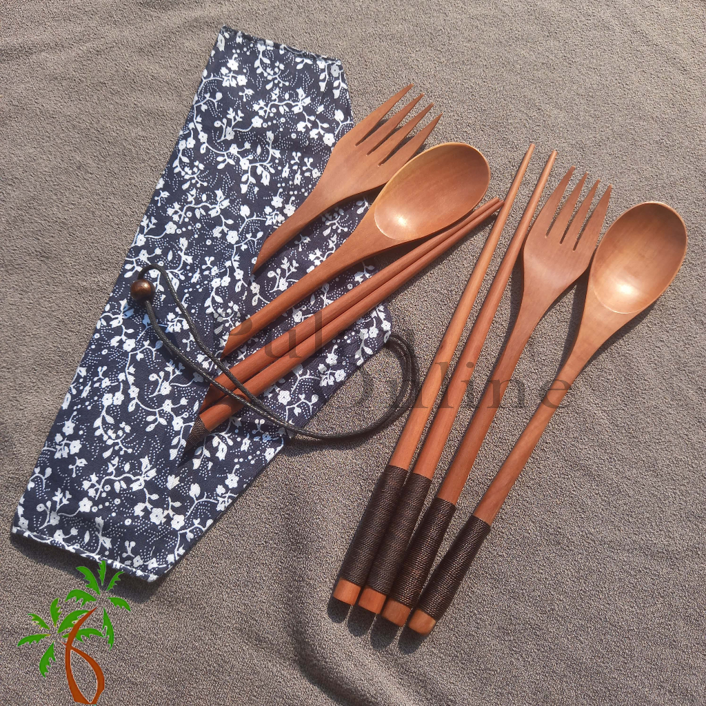 4 In 1 Set Sendok Garpu Sumpit Kayu Set Alat Makan Sujeo Jepang Korea Wooden Spoon Set Fork Cutlery