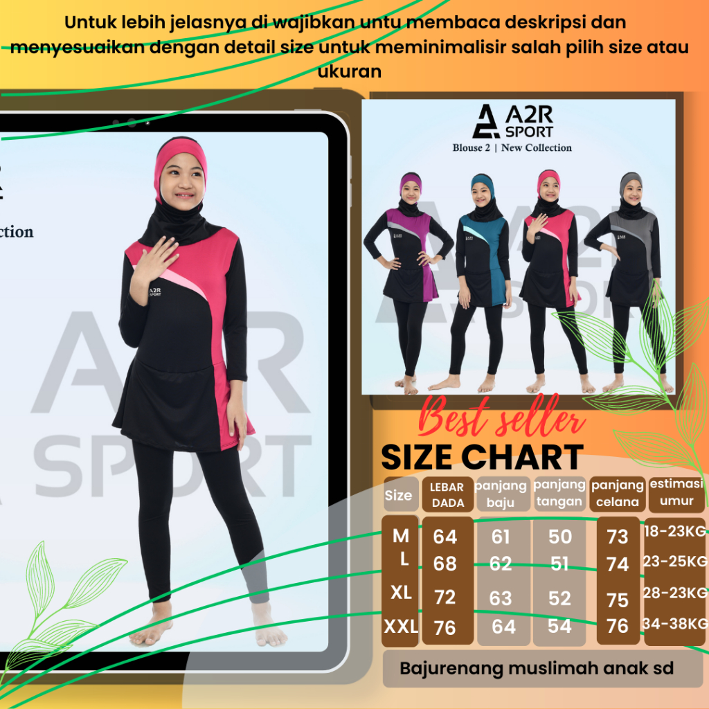 A2R Sport - Blouse SD Baju Renang Anak Perempuan Muslim