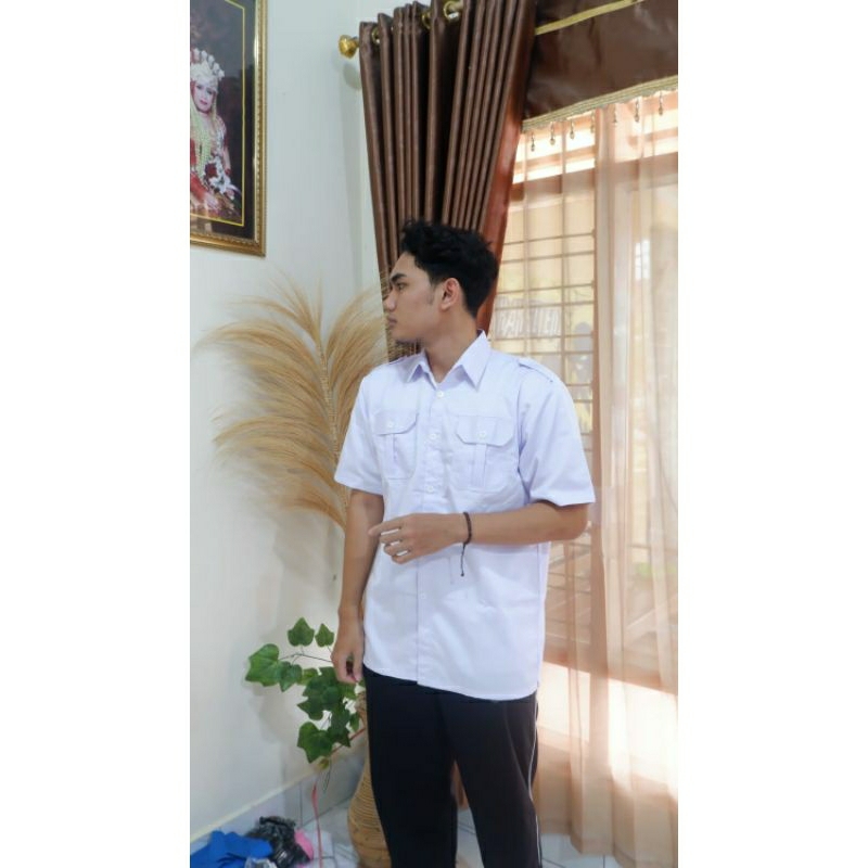 Baju Pdh Pria Putih Dril Adem Saku 2 Lengan || Baju Pdh Pria Putih Dril Tebal Nyaman Saku 2