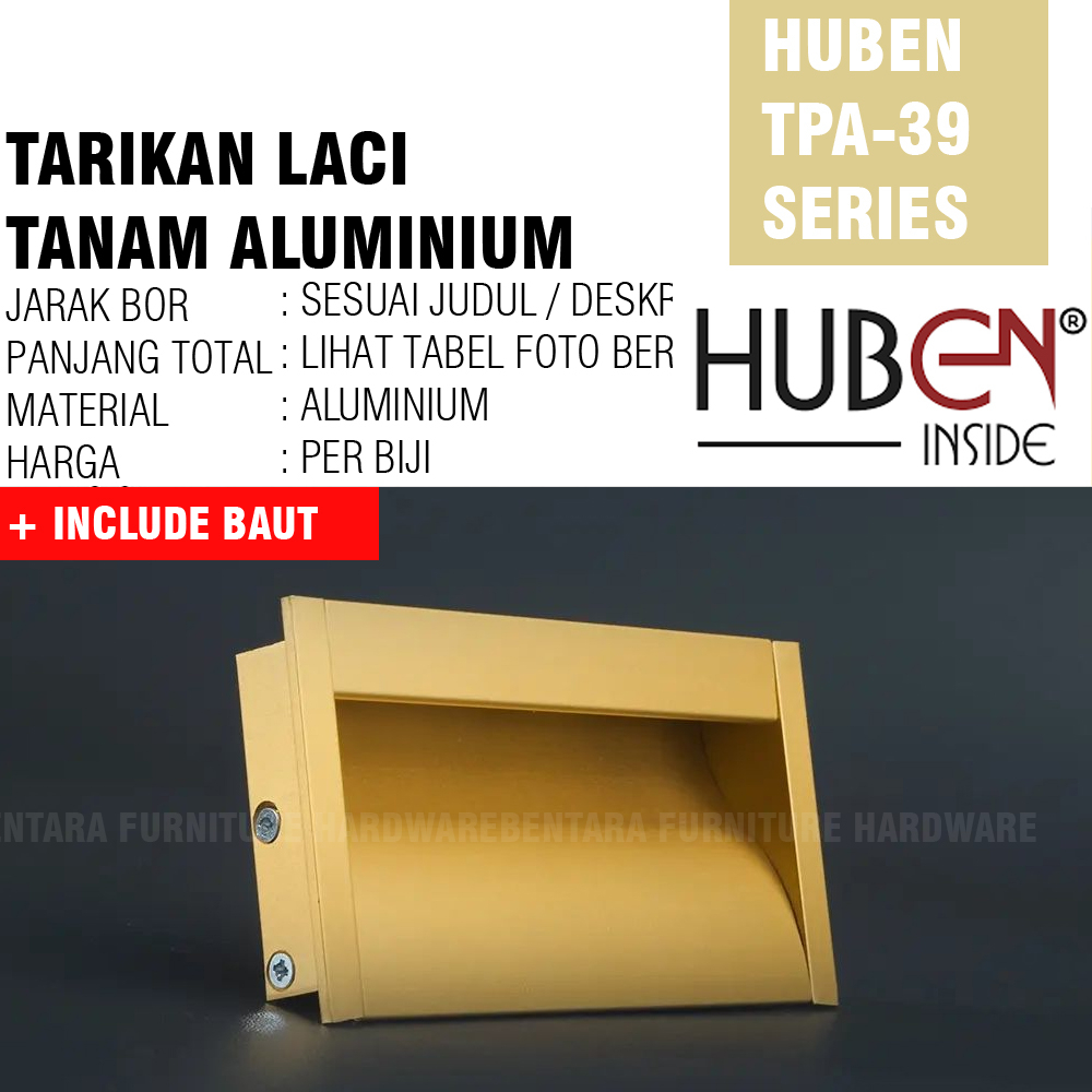 HUBEN TPA-39 160 MM GOLD - Tarikan Laci Tanam Meja Lemari Kabinet Gagang Pintu Handle Drawer Aluminium